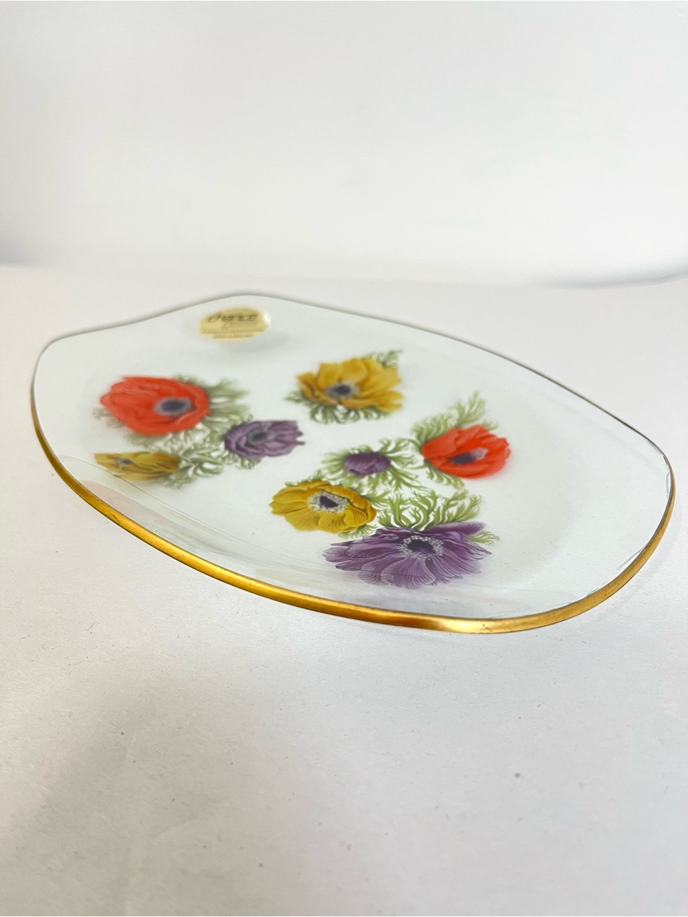 Vintage Chance Glass Anemone Clear Decorative Floral Glass Dish with Gold Rim